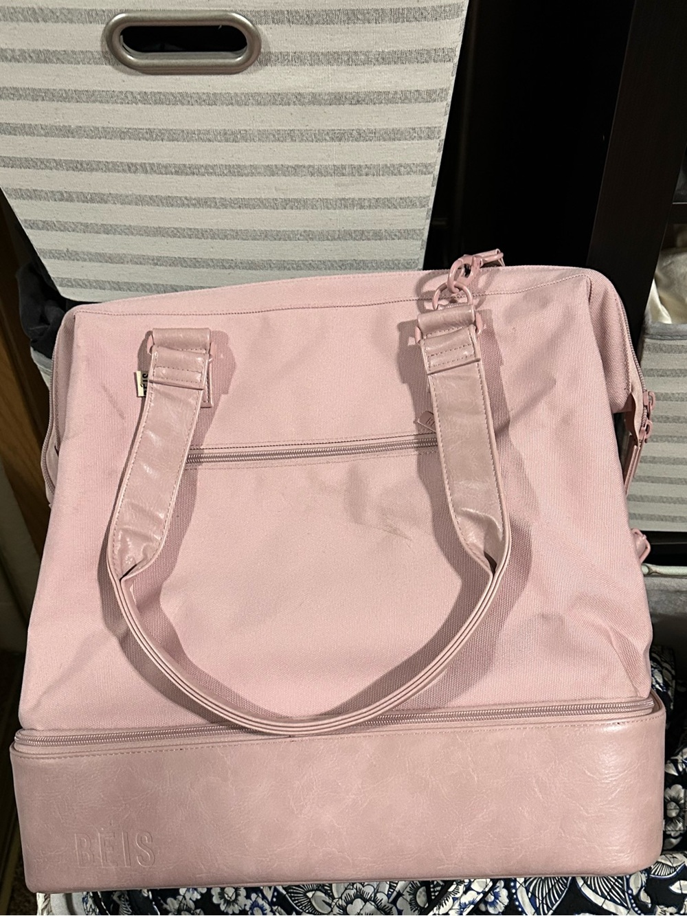 Pink Beis Tote Bag with Bottom Compartment